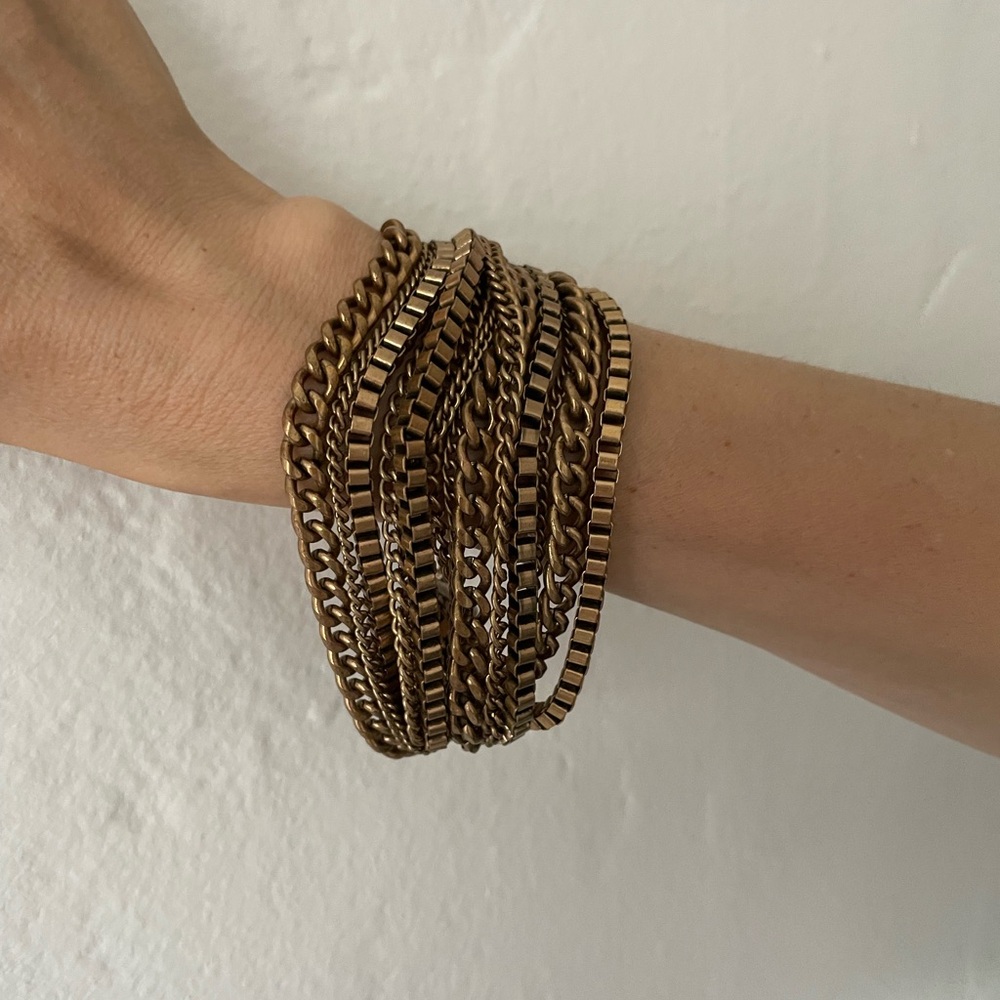 Bronze Tone Draped Multiple Chains Toggle Closure 
Chunky Bracelet 7 1/2”-8 1/2”